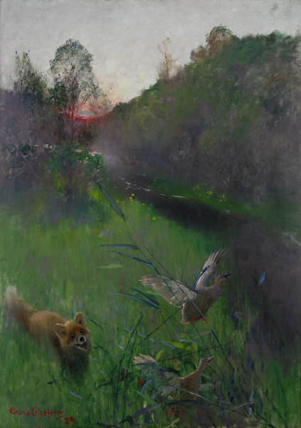Bruno Liljefors - Afternoon landscape with fox and seabirds