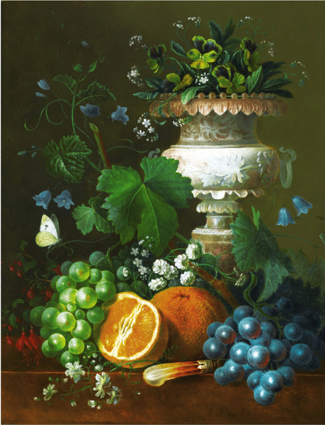 Maria Margrita van Os - A STILL LIFE WITH VIOLETS, GRAPES AND ORANGES ON A LEDGE